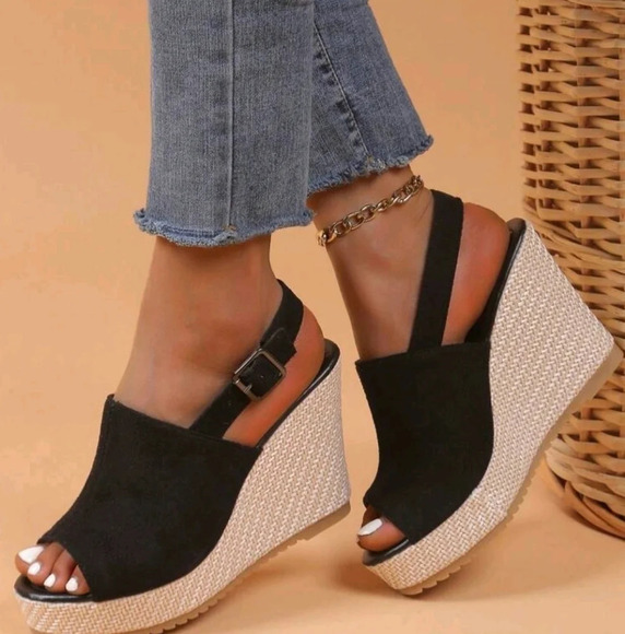 Women's Espadrille Wedge Sandals, Peep Toe Buckle Strap Platform High Heels - Picture 1 of 6